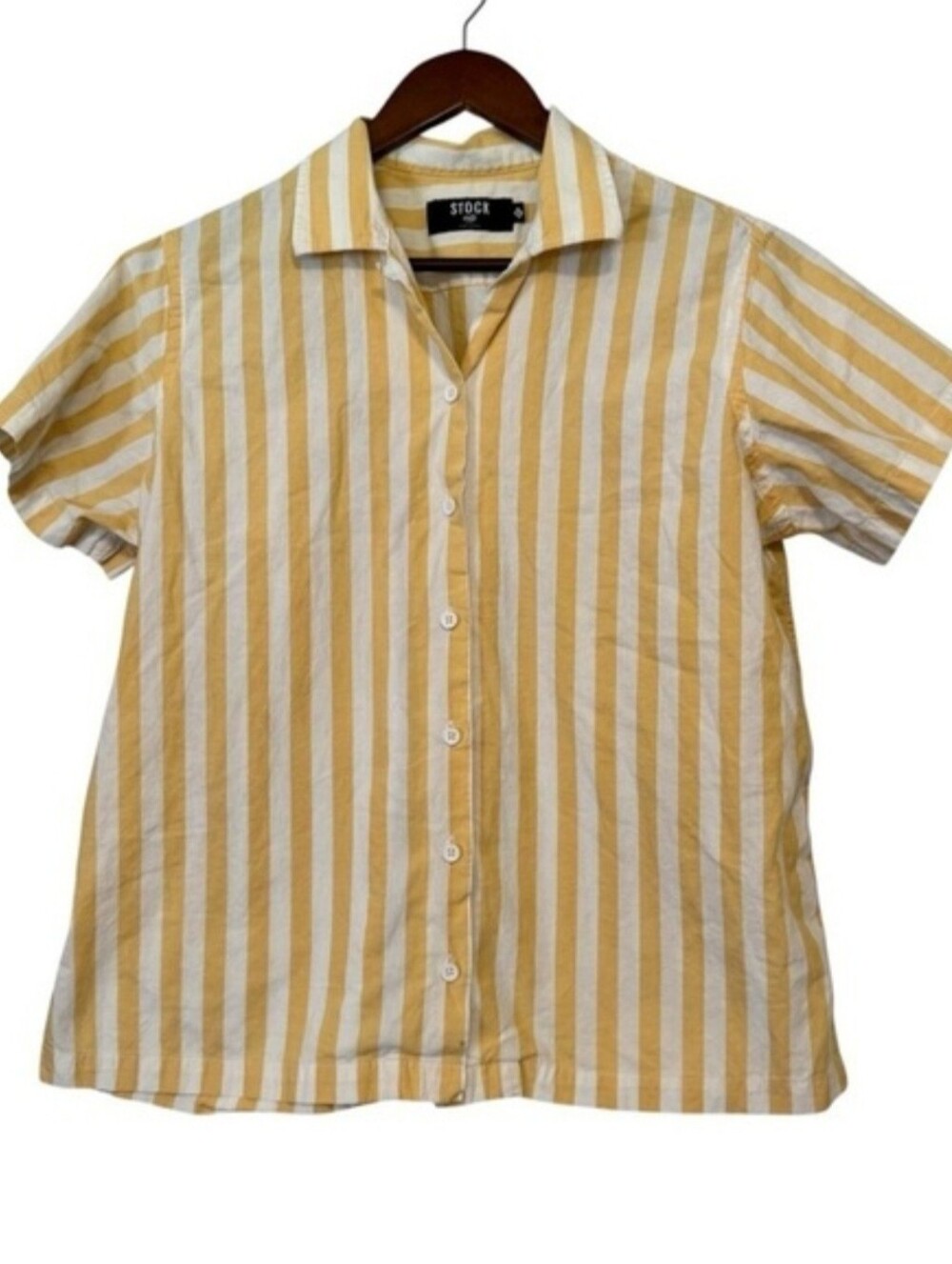 Men's Striped Linen Tangerine & White Short Sleeve Button Down Shirt - L